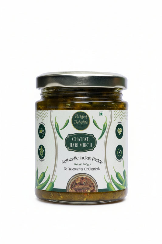 Jar of Chapati Hare Mirch pickle with label on a white background