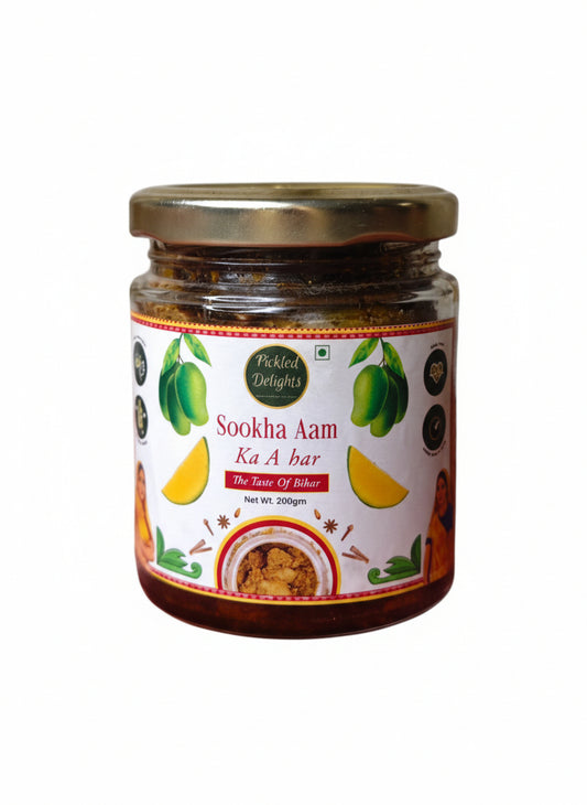 Jar of Sookha Aam Ka Achar with a colorful label on a white background