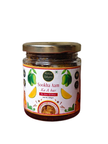 Jar of Sookha Aam Ka Achar with a colorful label on a white background