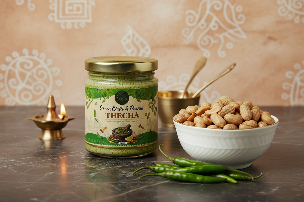 Jar of 'Thecha' with a green and brown label on a textured surface