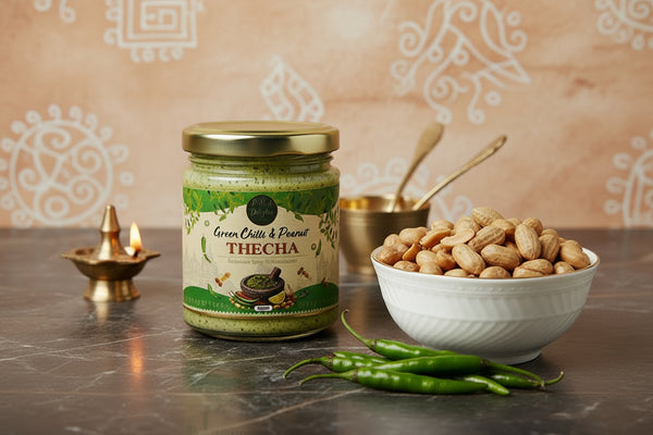 Jar of 'Thecha' with a green and brown label on a textured surface