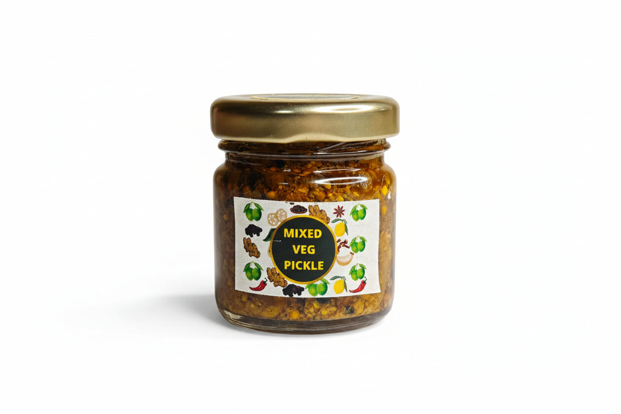 Jar of mixed veg pickle with a label on a light background