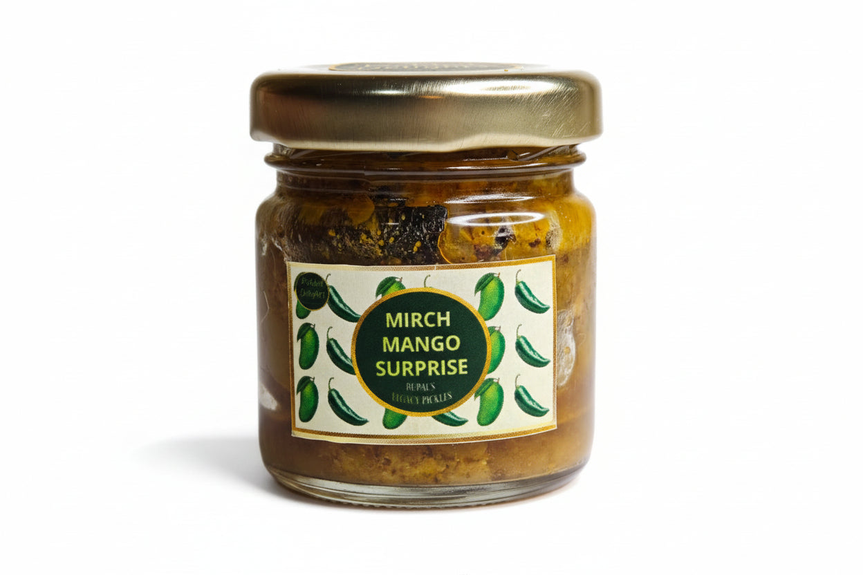 Jar of 'Mirch Mango Surprise' pickle with a label on a white background